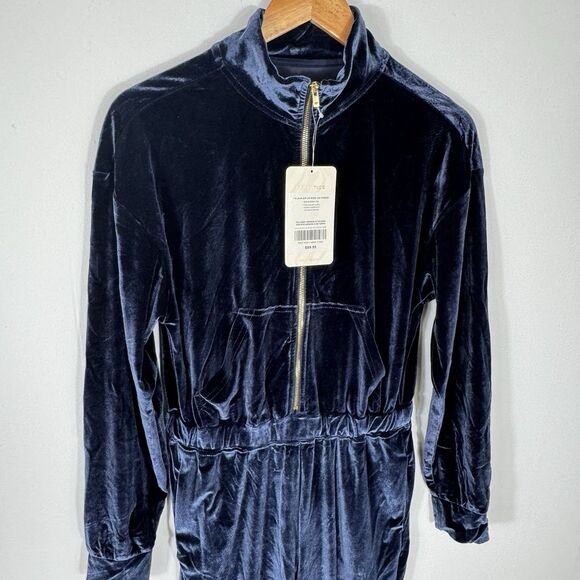 Fabletics Sz M Velour Wide-leg Jumpsuit Womens Navy Blue Zip Front Cozy NWT - Picture 3 of 12